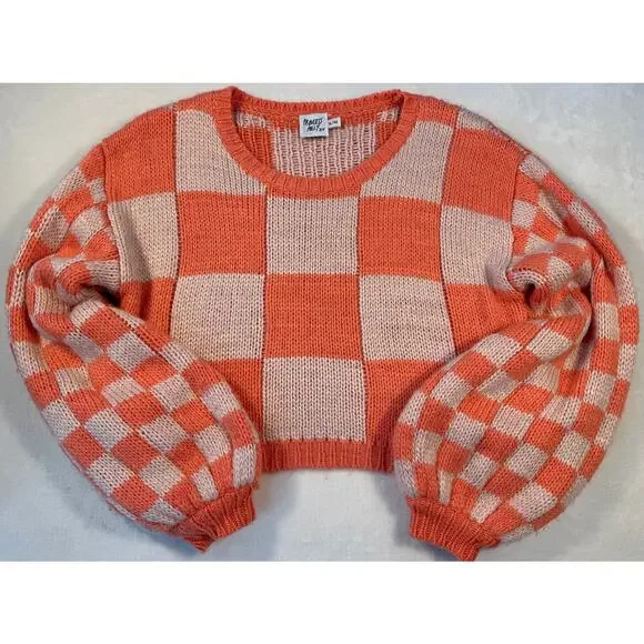 Princess Polly Orange Pink Check Sweater Balloon Sleeve Crop Top Small - Picture 4 of 7